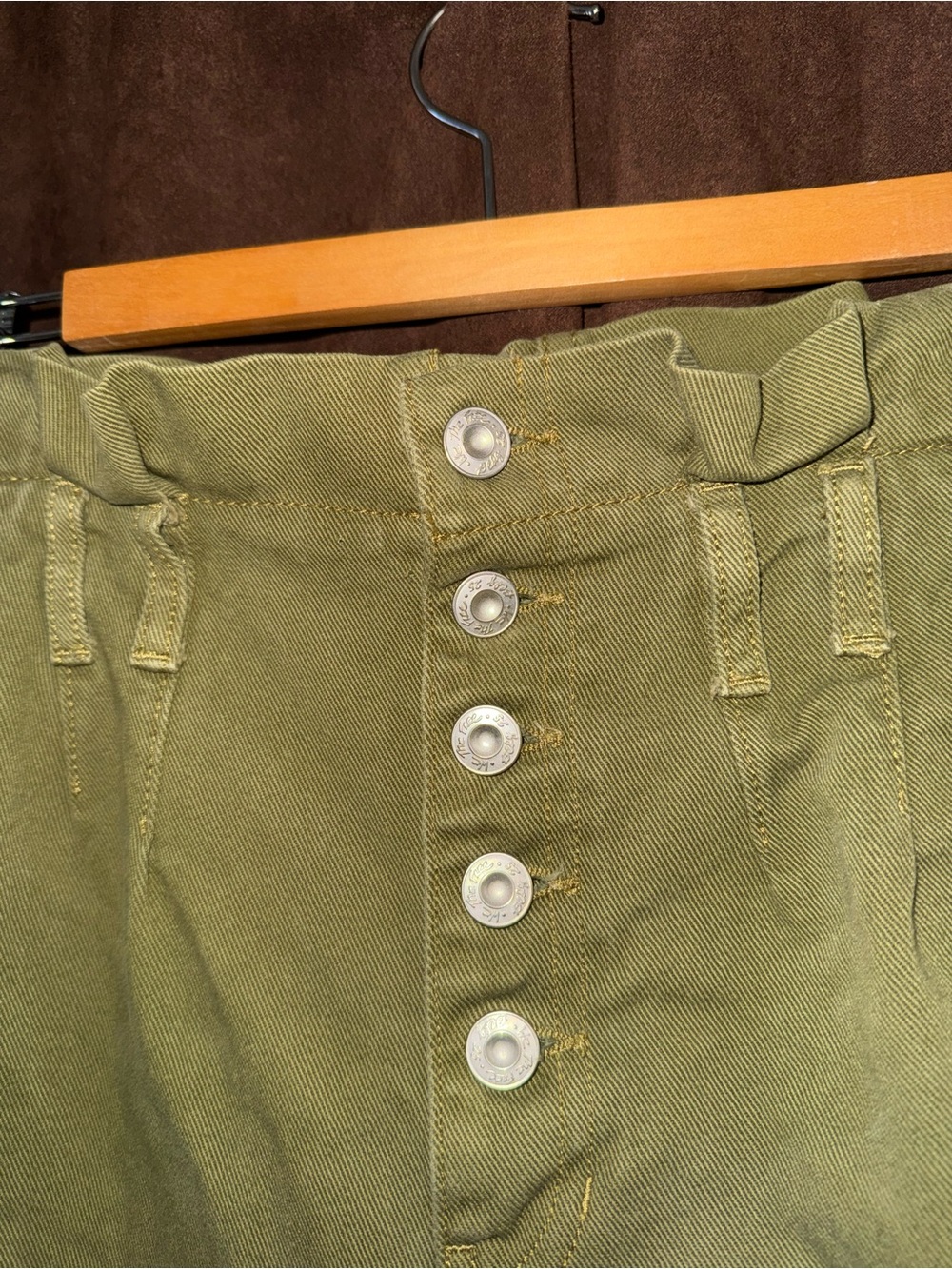 Free People Olive Green High-Waist Paperbag Button-Front Shorts - Picture 4 of 6